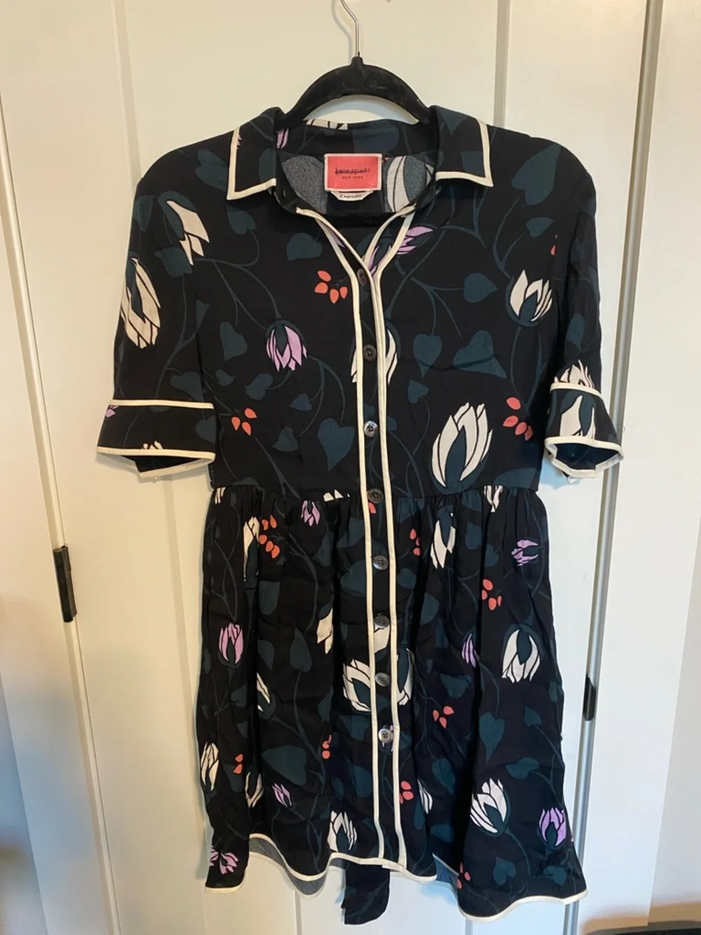 kate spade Black Floral Button-Front Dress with Cream Trim